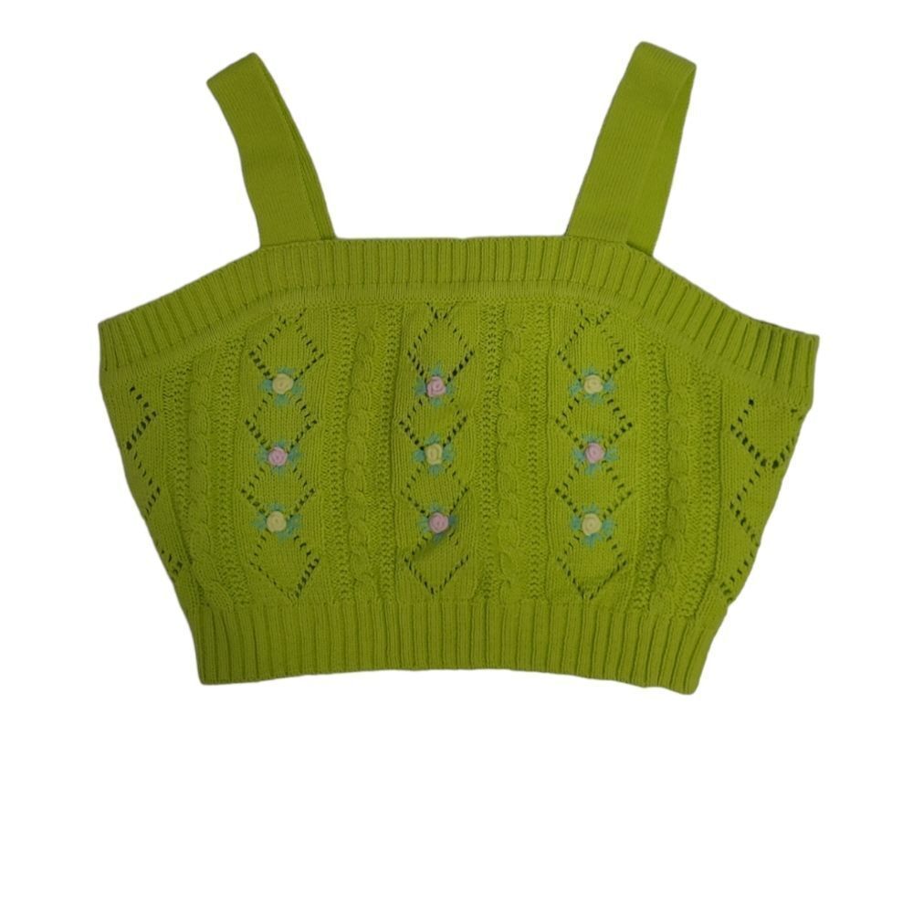 New Cider Lime Green Floral Embroidery Knit Sweater Cropped Tank Top M — image 2 of 8